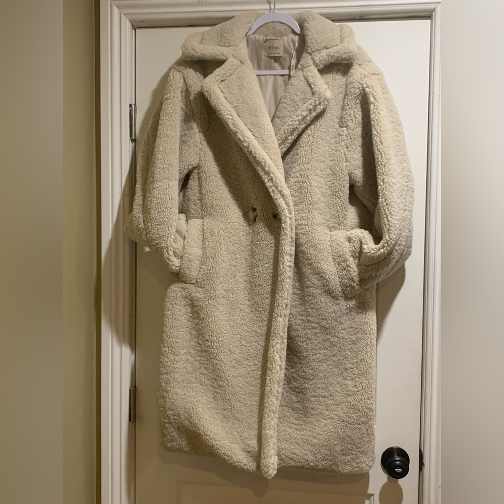 NWT ELIE BY ELIE TAHARI Teddy Fur Oversize Trench Coat Beige Size S